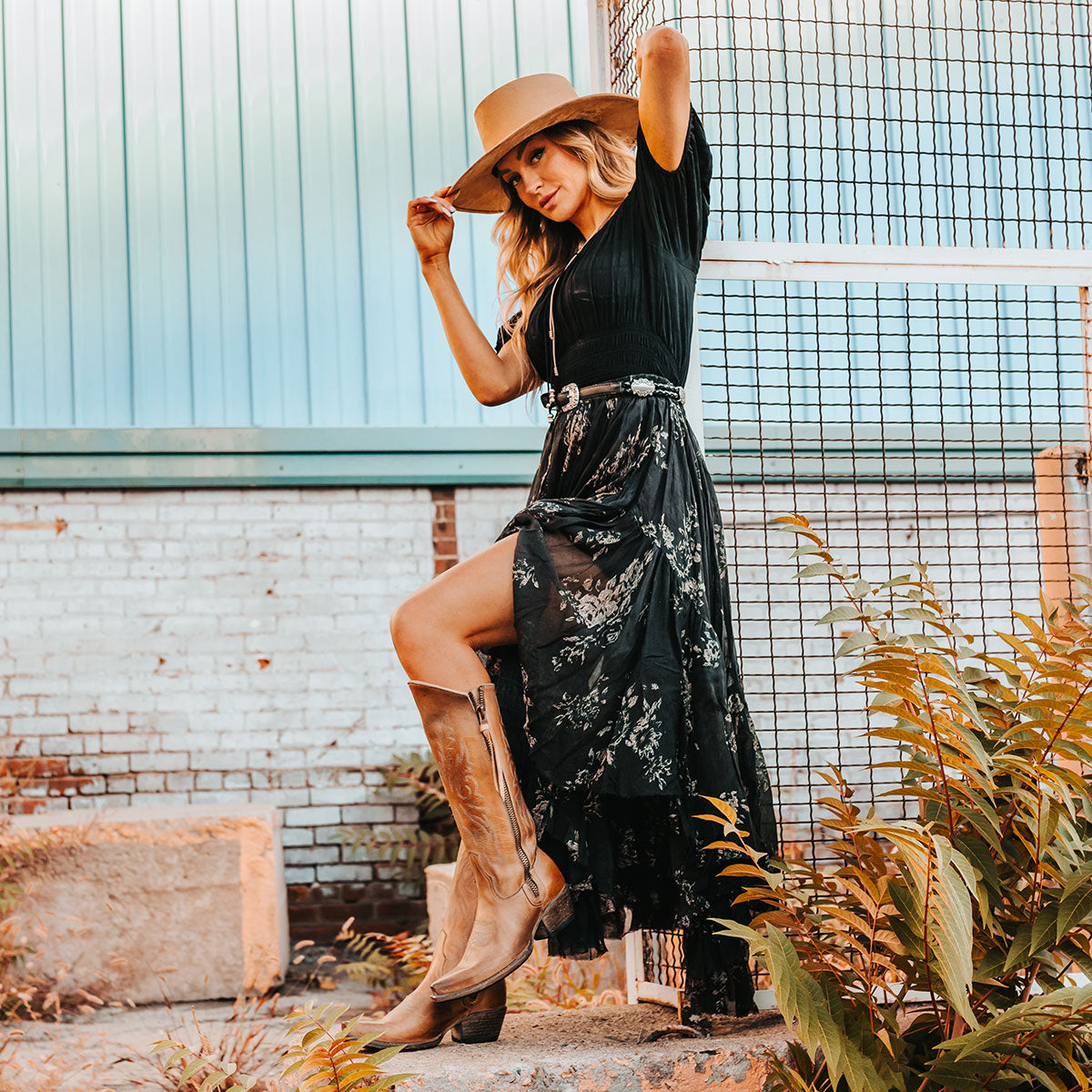  FREEBIRD women's Wolfgang taupe tall western boot snip toe and outer zip closures lifestyle image