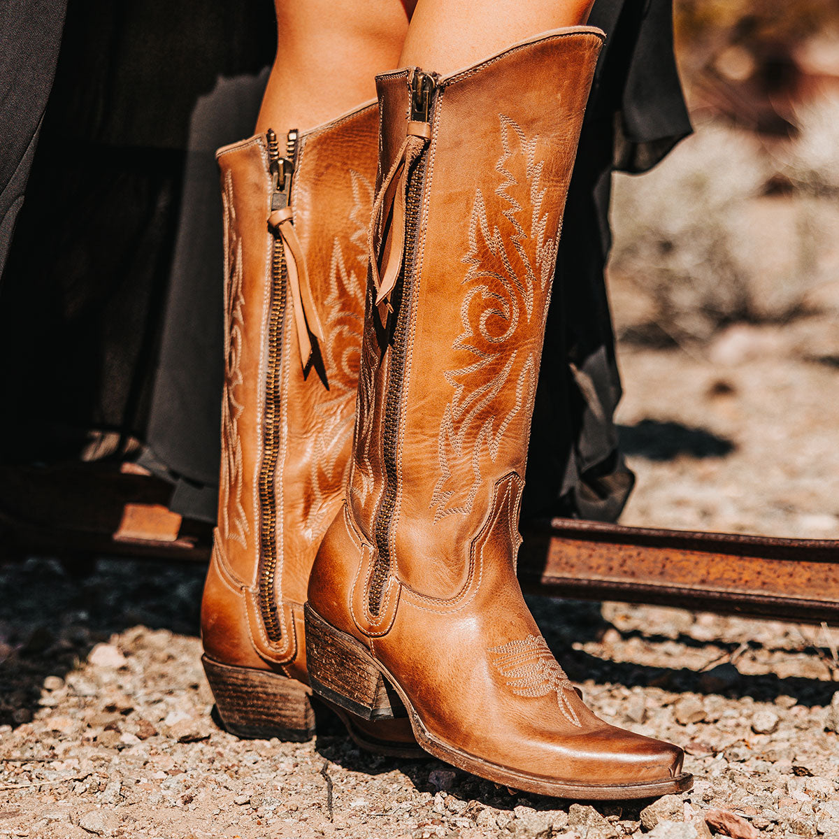 FREEBIRD women's Wolfgang taupe tall western boot snip toe and outer zip closures