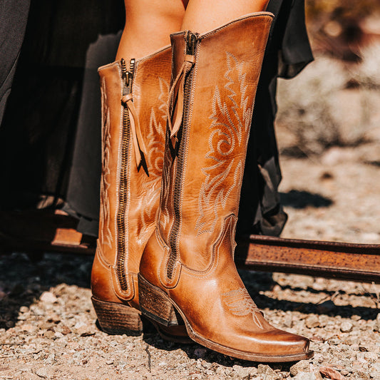FREEBIRD women's Wolfgang taupe tall western boot snip toe and outer zip closures