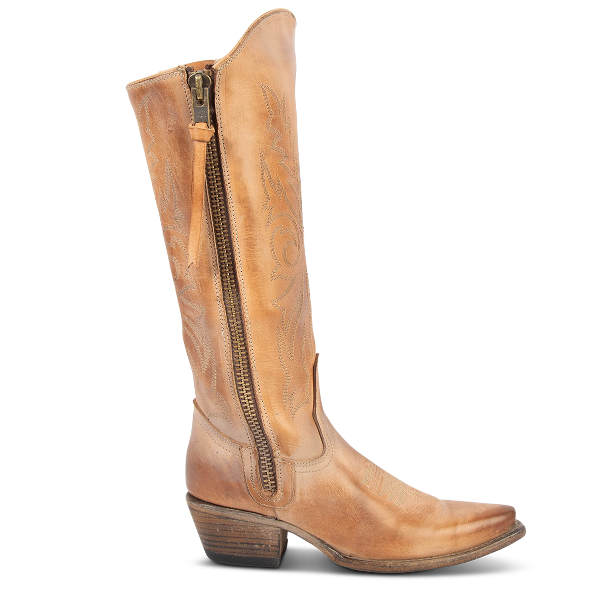 FREEBIRD women's Wolfgang taupe tall western boot snip toe and outer zip closures