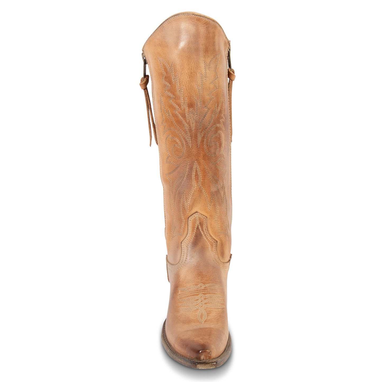 Front view showing tall shaft and stitch detailing on FREEBIRD women's Wolfgang taupe tall western boot