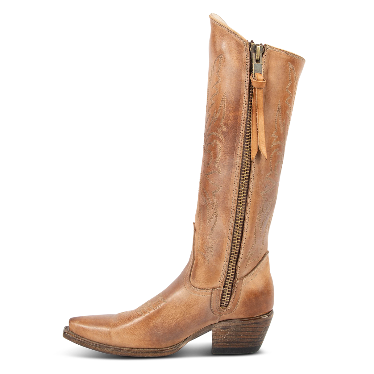 Inside view showing inside zip closure on FREEBIRD women's Wolfgang taupe tall western boot