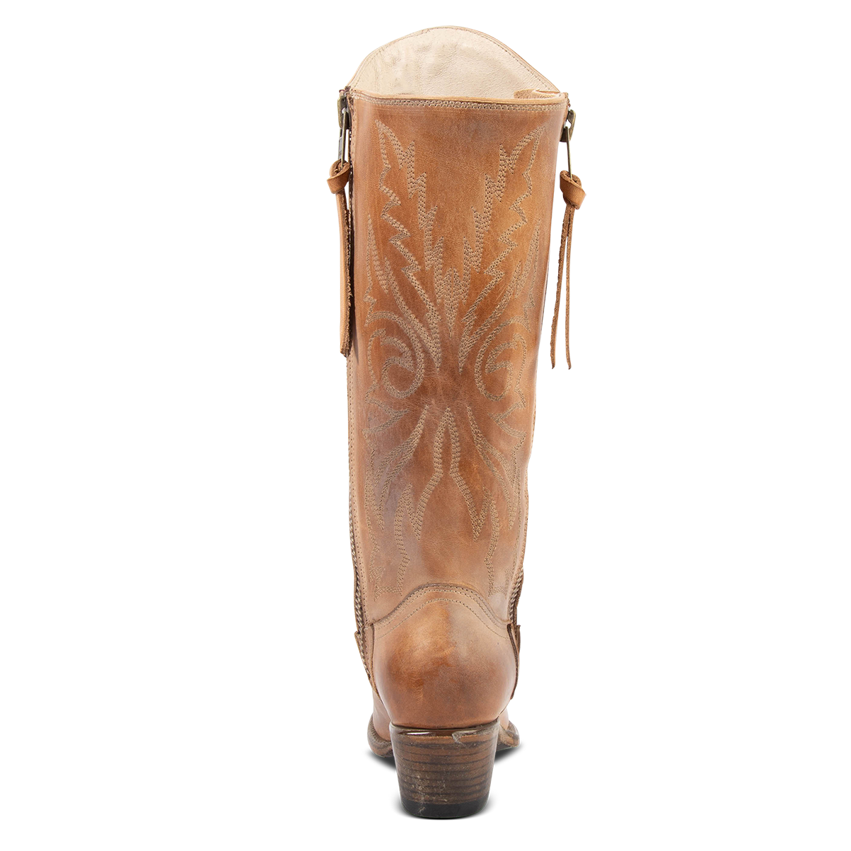 Back view showing low heel on FREEBIRD women's Wolfgang taupe tall western boot