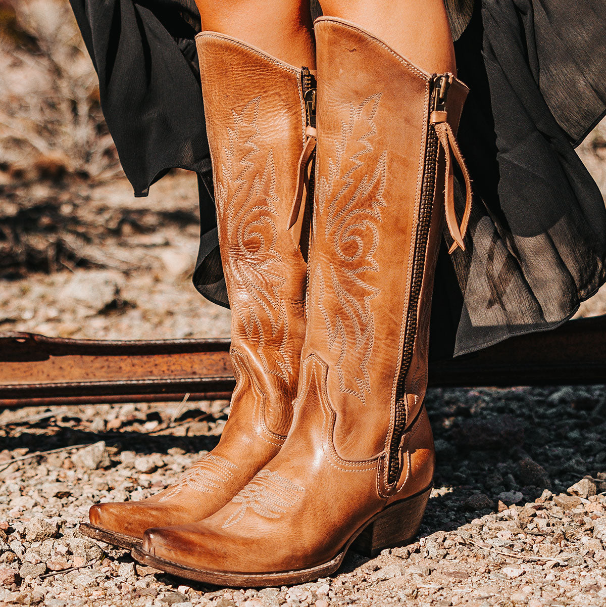 FREEBIRD women's Wolfgang taupe tall western boot snip toe and outer zip closures