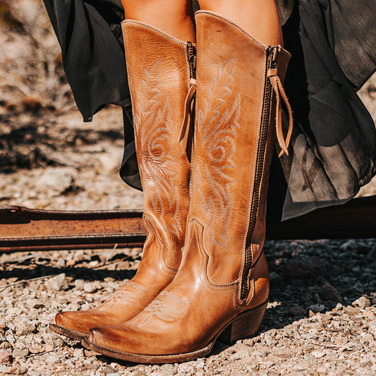 FREEBIRD women's Wolfgang taupe tall western boot snip toe and outer zip closures