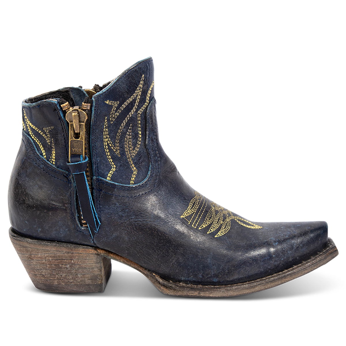 FREEBIRD women's Wolfie blue leather bootie with stitch detailing and snip toe construction