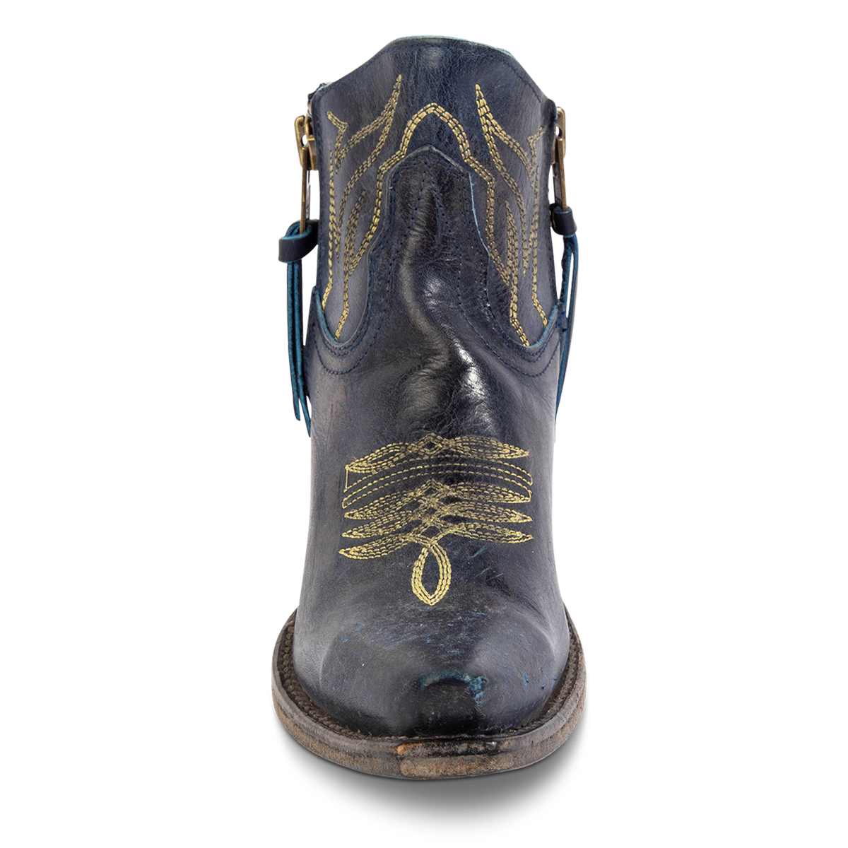 Front view of FREEBIRD women's Wolfie blue leather bootie with stitch detailing, snip toe construction and symmetrical brass zip closures
