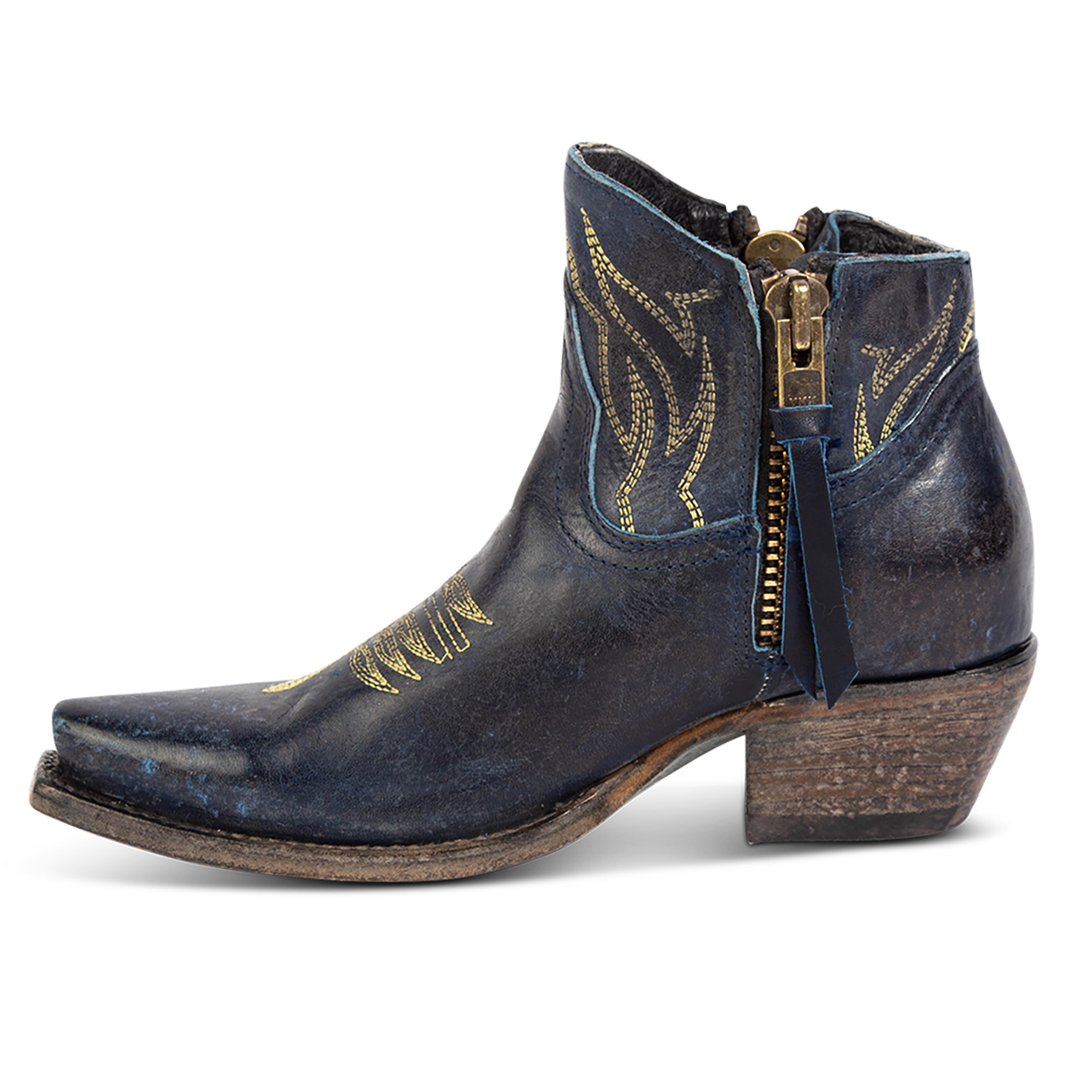 Side view of FREEBIRD women's Wolfie blue leather bootie with stitch detailing and snip toe construction