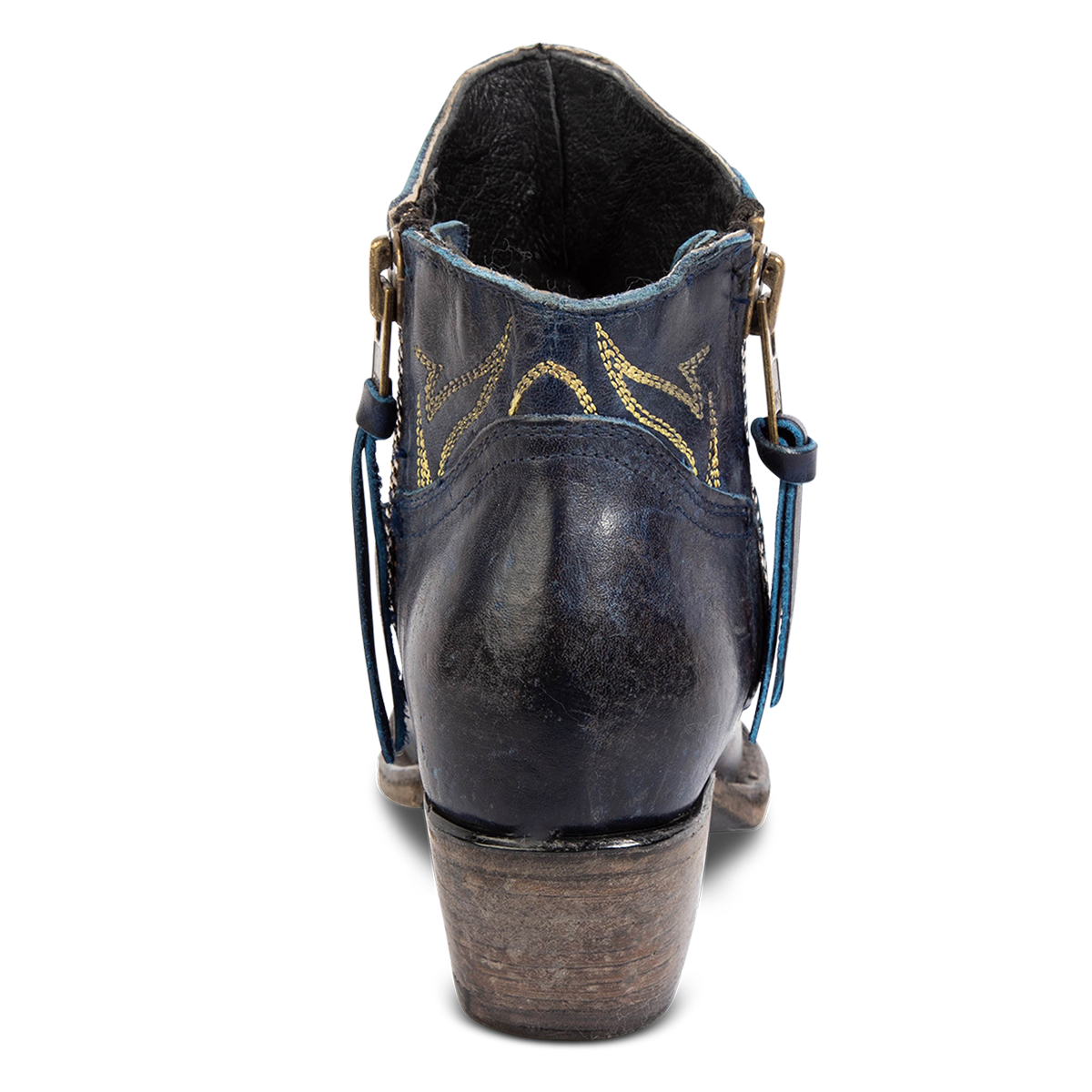 Back view of FREEBIRD women's Wolfie blue leather bootie with stitch detailing and low slanted heel