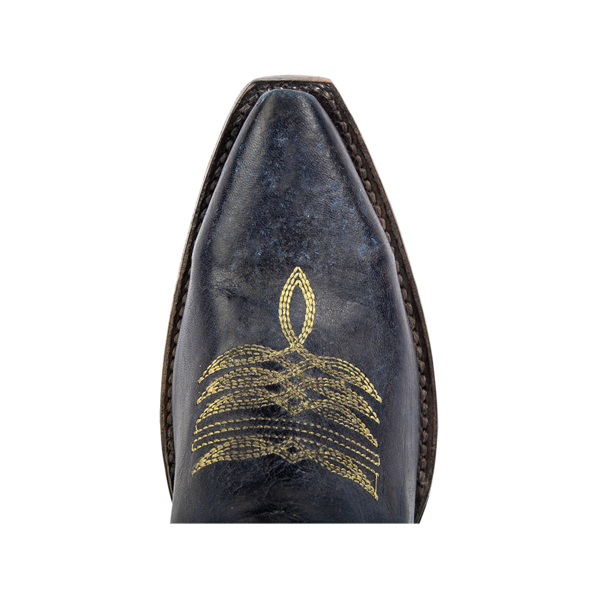 Top view of FREEBIRD women's Wolfie blue leather bootie with stitch detailing and snip toe construction