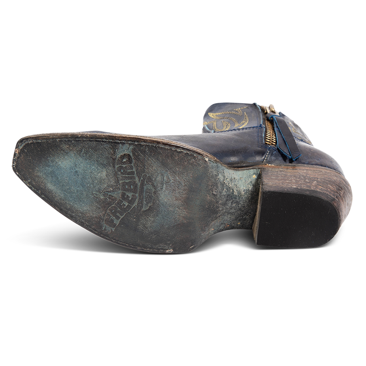 Leather sole imprinted with FREEBIRD on women's Wolfie blue leather boot 