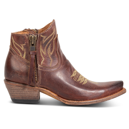 FREEBIRD women's Wolfie cognac leather bootie with stitch detailing and snip toe construction
