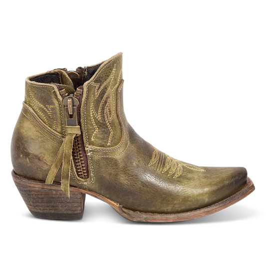 FREEBIRD women's Wolfie olive leather bootie with stitch detailing and snip toe construction