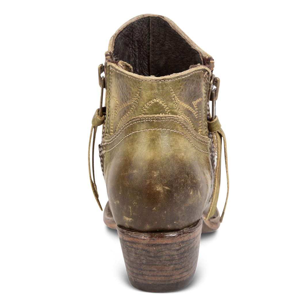 Back view of FREEBIRD women's Wolfie olive leather bootie with stitch detailing and low slanted heel