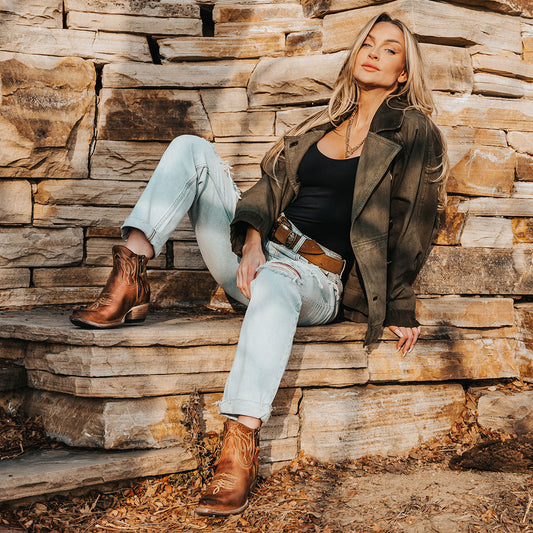 FREEBIRD women's Wolfie wheat leather bootie with stitch detailing and snip toe construction lifestyle image