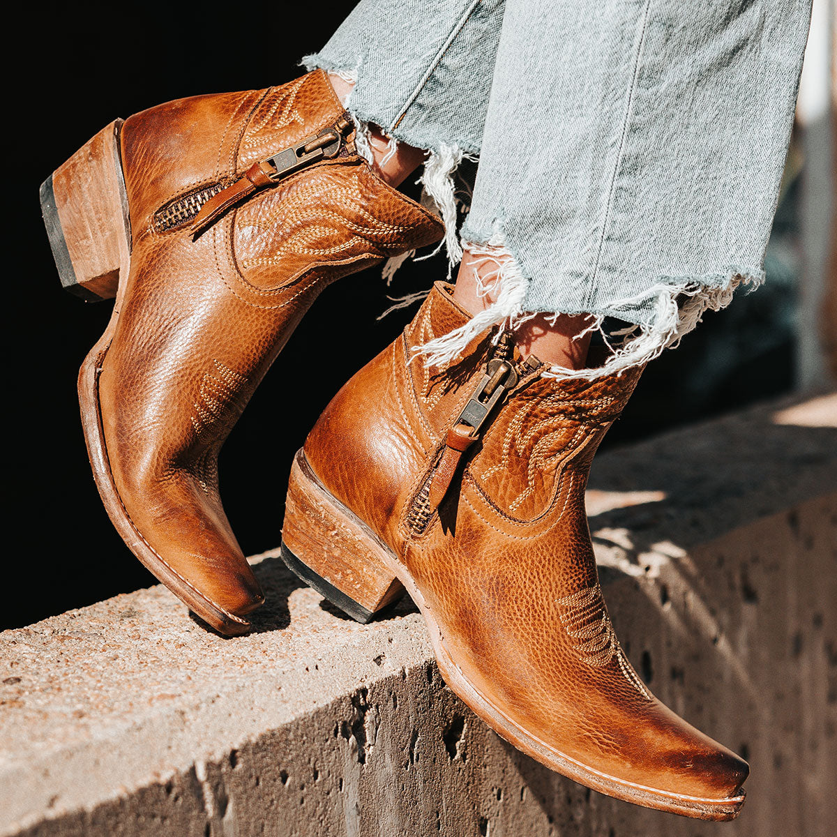 FREEBIRD women's Wolfie wheat leather bootie with stitch detailing and snip toe construction