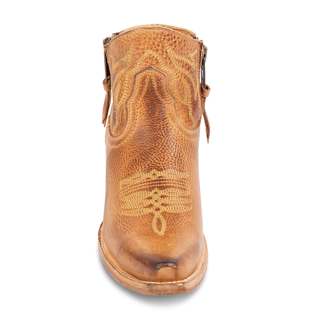 Front view of FREEBIRD women's Wolfie wheat leather bootie with stitch detailing, snip toe construction and symmetrical brass zip closures