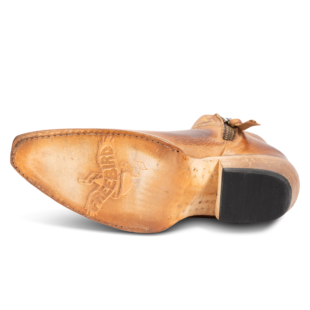 Leather sole imprinted with FREEBIRD on women's Wolfie wheat leather boot