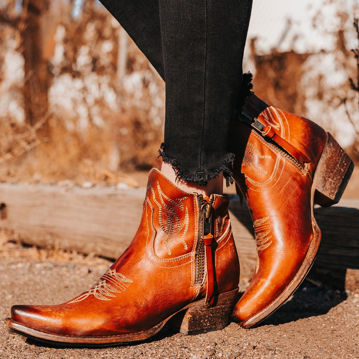 FREEBIRD women's Wolfie whiskey leather bootie with stitch detailing and snip toe construction