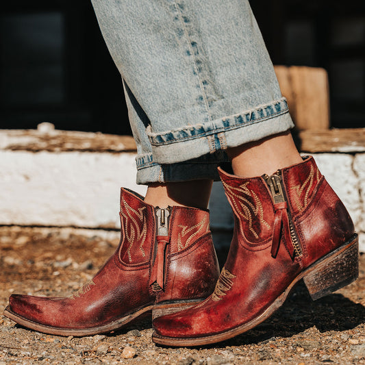 FREEBIRD women's Wolfie wine leather bootie with stitch detailing and snip toe construction