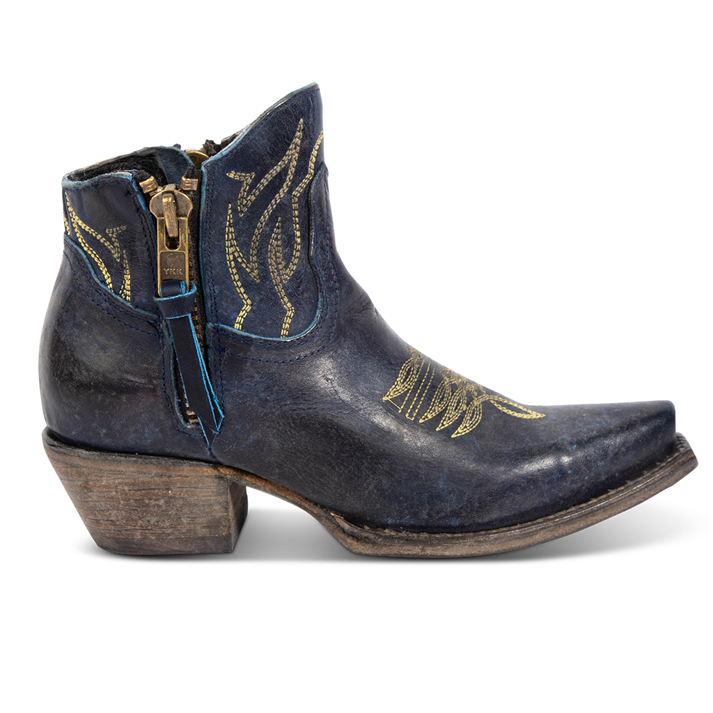FREEBIRD women's Wolfie blue leather bootie with stitch detailing and snip toe construction