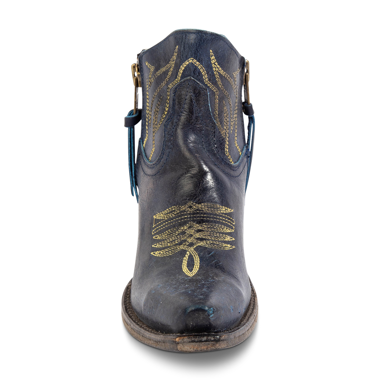 Front view of FREEBIRD women's Wolfie blue leather bootie with stitch detailing, snip toe construction and symmetrical brass zip closures