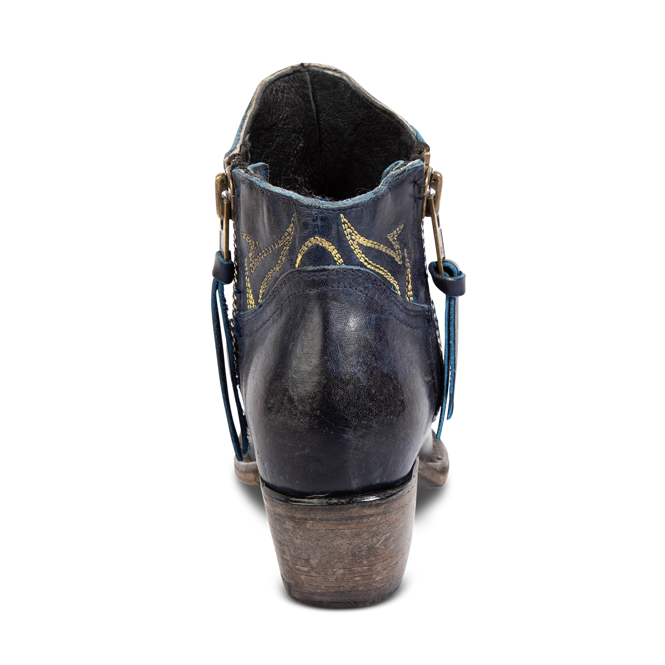 Back view of FREEBIRD women's Wolfie blue leather bootie with stitch detailing and low slanted heel