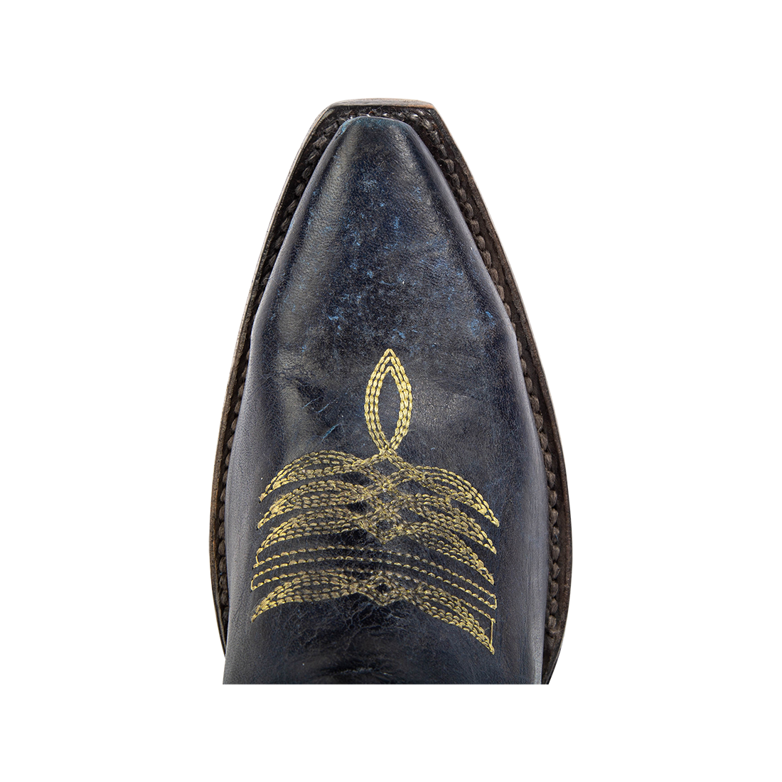 Top view of FREEBIRD women's Wolfie blue leather bootie with stitch detailing and snip toe construction