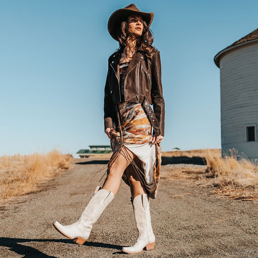 FREEBIRD women's Woodland beige leather cowboy boot with stitch detailing and snip toe construction lifestyle image