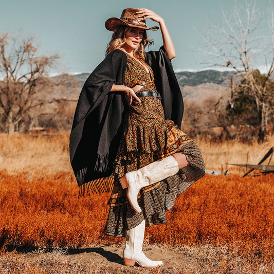 FREEBIRD women's Woodland beige leather cowboy boot with stitch detailing and snip toe construction lifestyle image