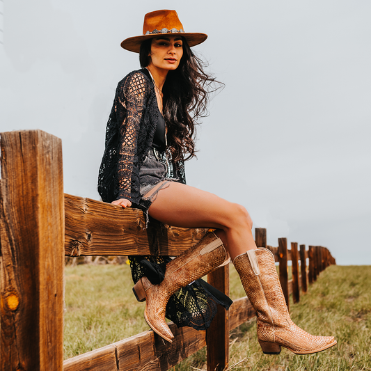 FREEBIRD women's Woodland beige python leather cowboy boot with stitch detailing and snip toe construction lifestyle