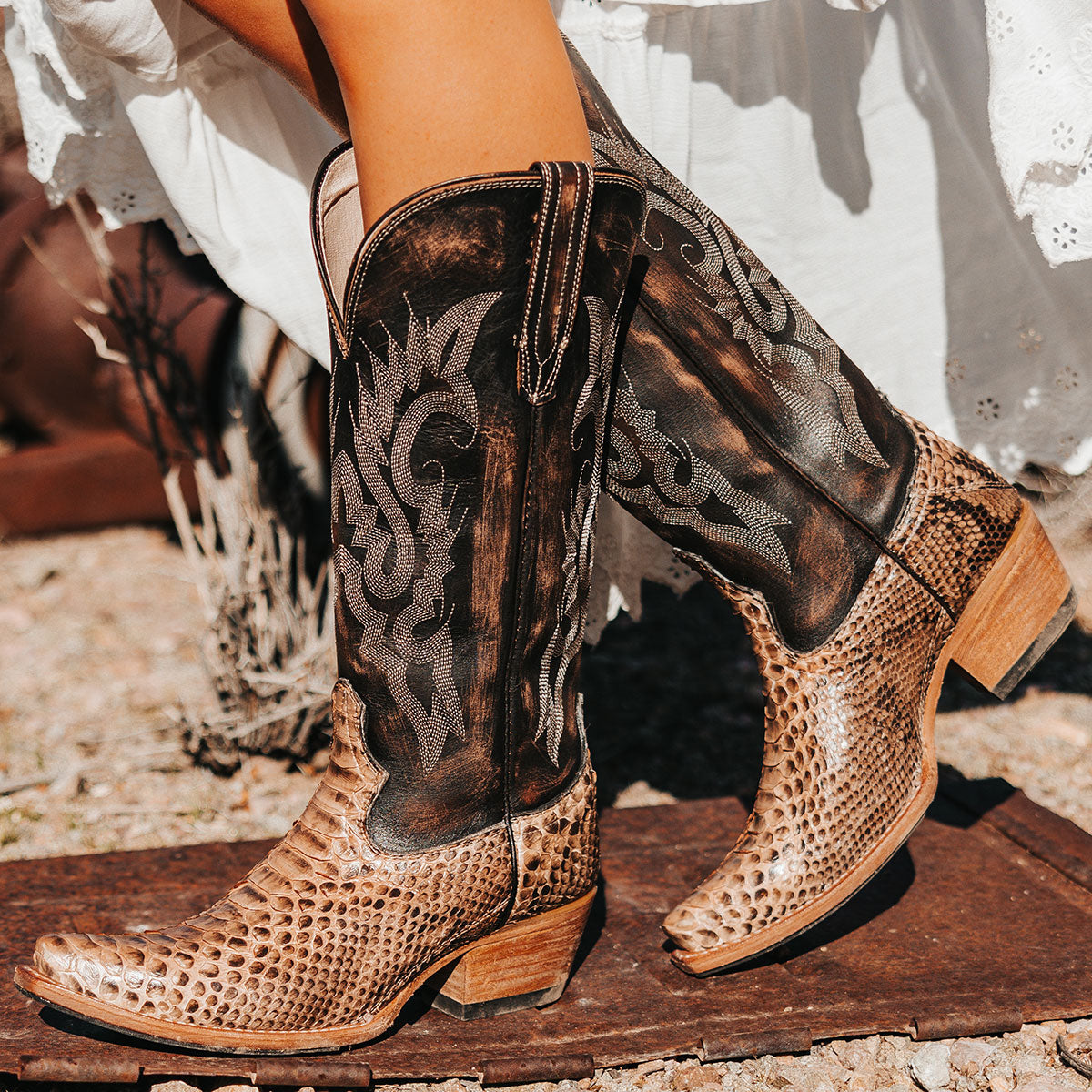 FREEBIRD women's Woodland beige python multi leather cowboy boot with stitch detailing and snip toe construction