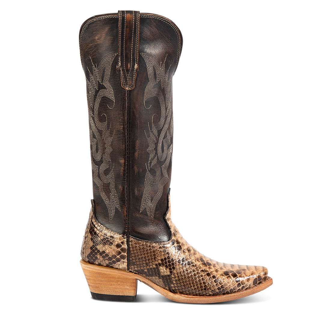 FREEBIRD women's Woodland beige python multi leather cowboy boot with stitch detailing and snip toe construction