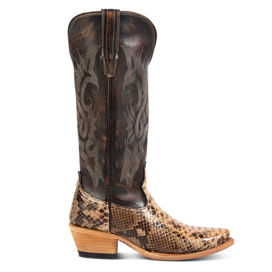FREEBIRD women's Woodland beige python multi leather cowboy boot with stitch detailing and snip toe construction