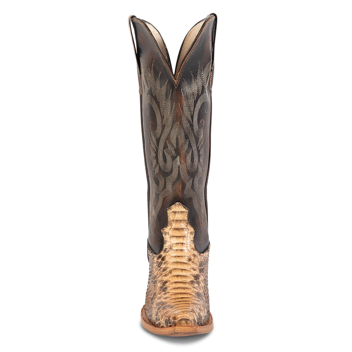 Front view showing western stitch detailing and  front dip on FREEBIRD women's Woodland beige python multi leather boot