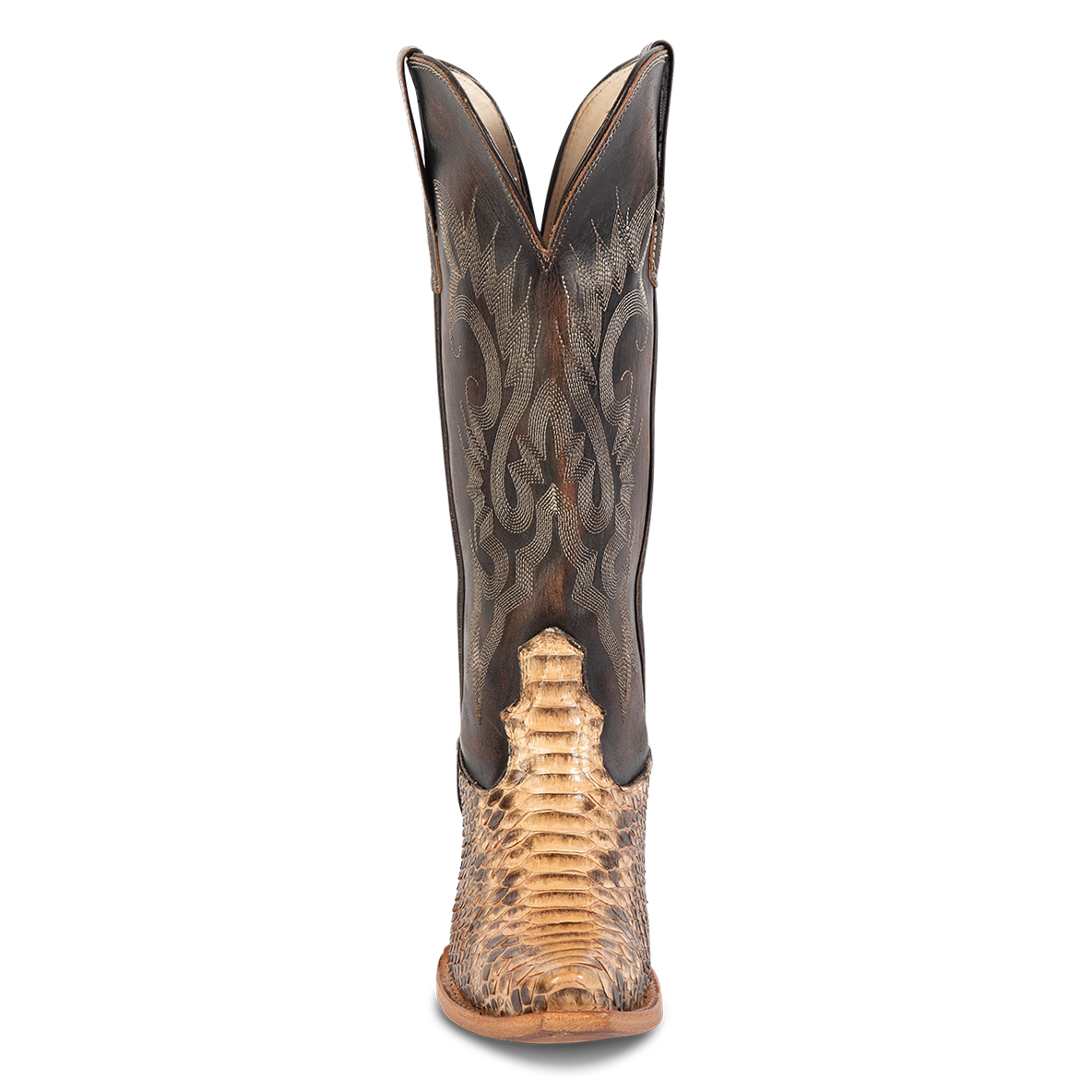 Front view showing western stitch detailing and front dip on FREEBIRD women's Woodland beige python multi leather boot