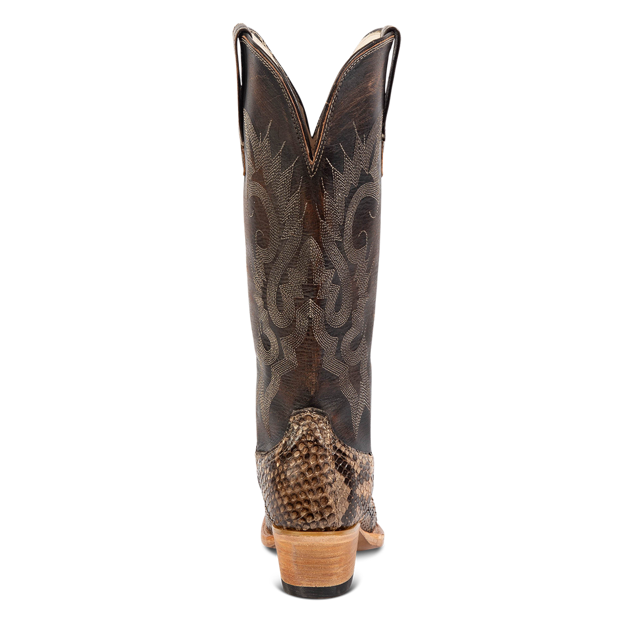 Back view showing back dip and leather heel with western stitch detailing on FREEBIRD women's Woodland beige python multi leather boot