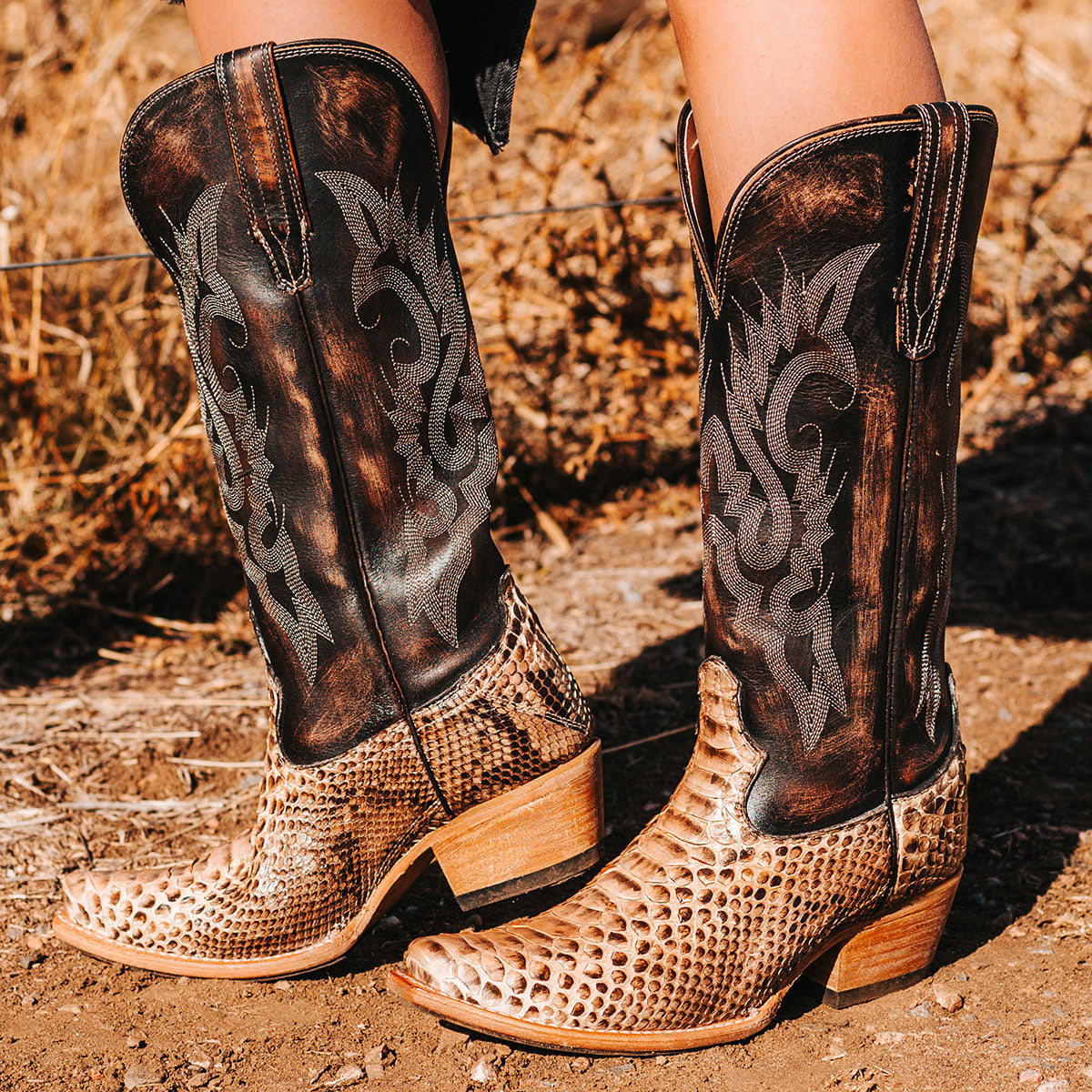 FREEBIRD women's Woodland beige python multi leather cowboy boot with stitch detailing and snip toe construction