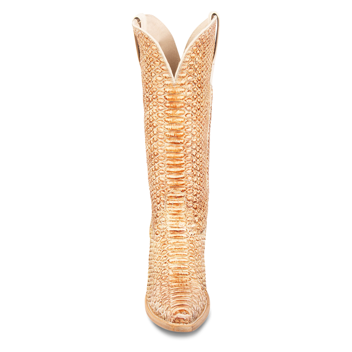 Front view showing western stitch detailing and front dip on FREEBIRD women's Woodland beige python leather boot