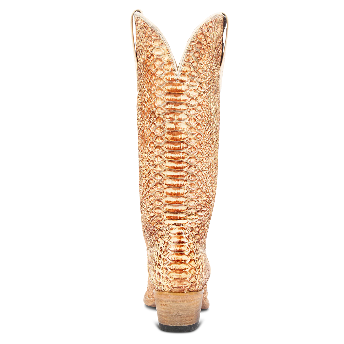 Back view showing back dip and leather heel with western stitch detailing on FREEBIRD women's Woodland beige python leather boot