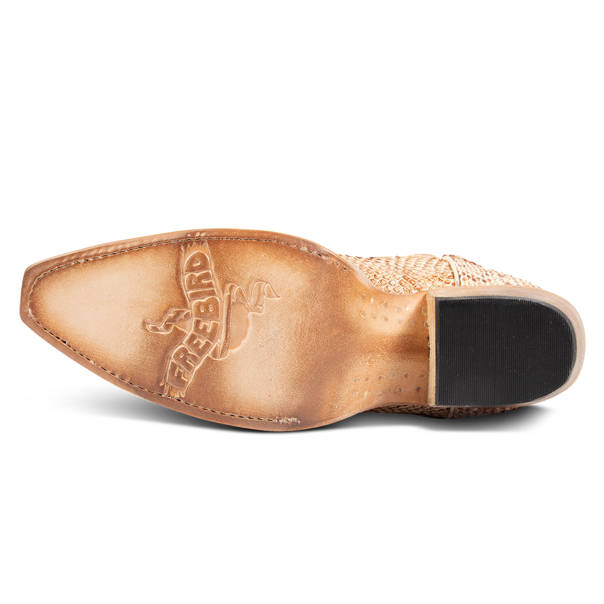 Leather sole imprinted with FREEBIRD on women's Woodland beige python leather boot