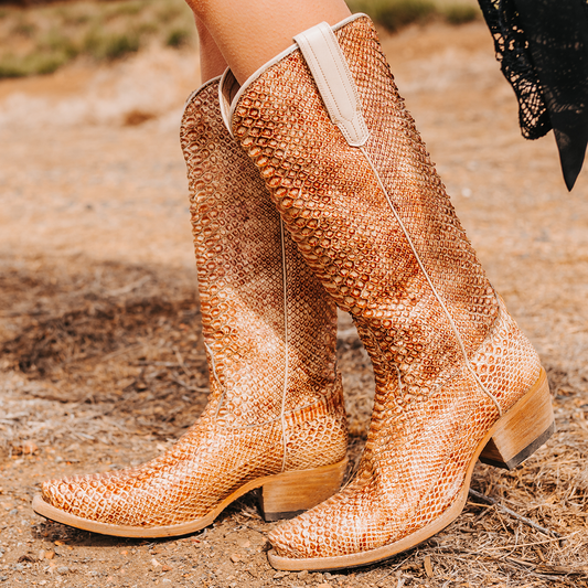 FREEBIRD women's Woodland beige python leather cowboy boot with stitch detailing and snip toe construction