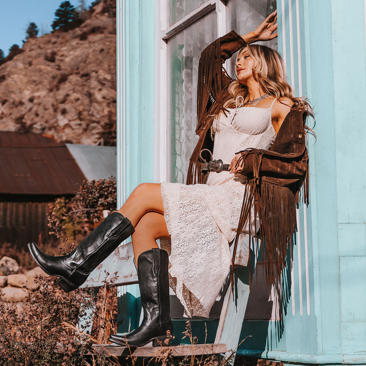 FREEBIRD women's Woodland black leather cowboy boot with stitch detailing and snip toe construction lifestyle image