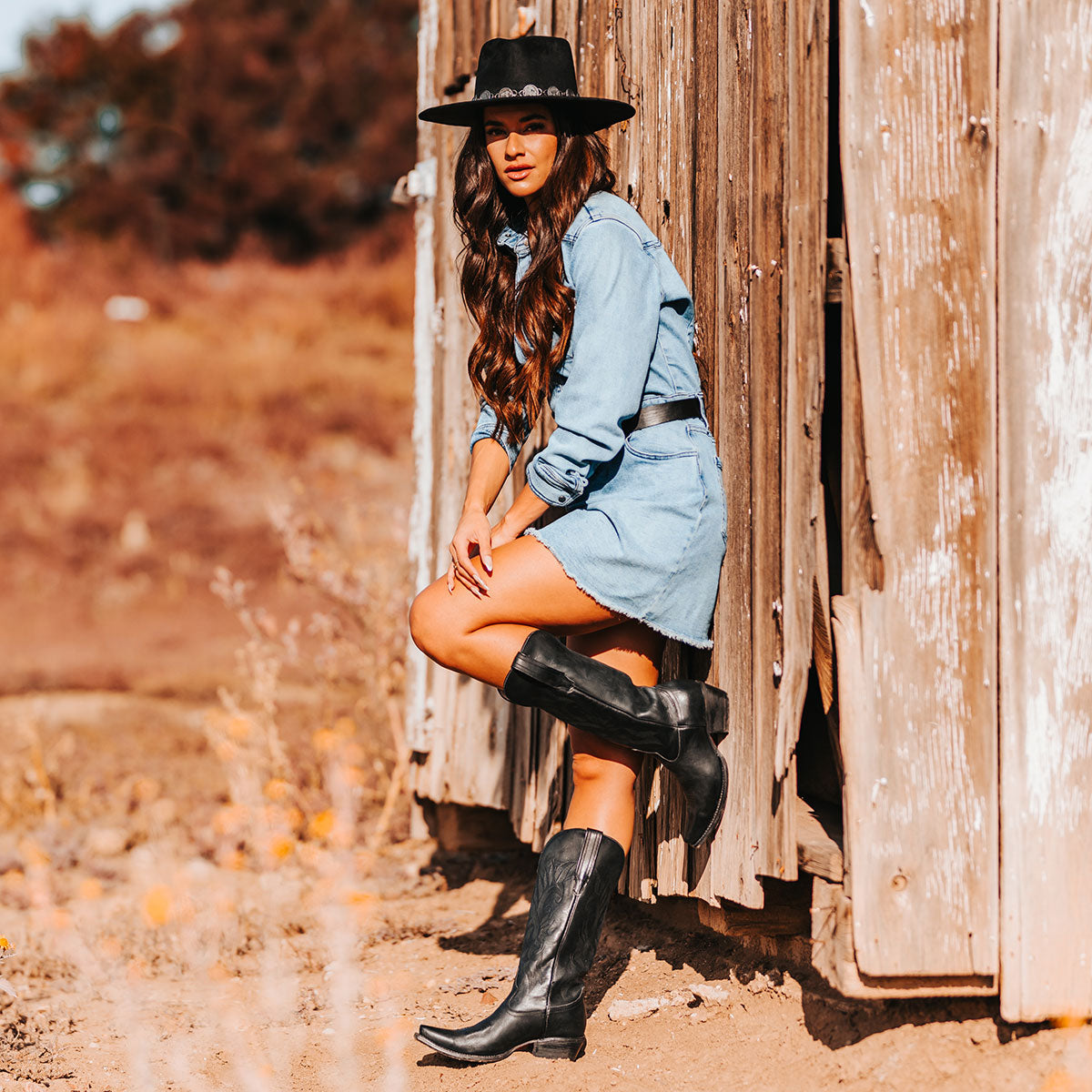 FREEBIRD women's Woodland black leather cowboy boot with stitch detailing and snip toe construction lifestyle image