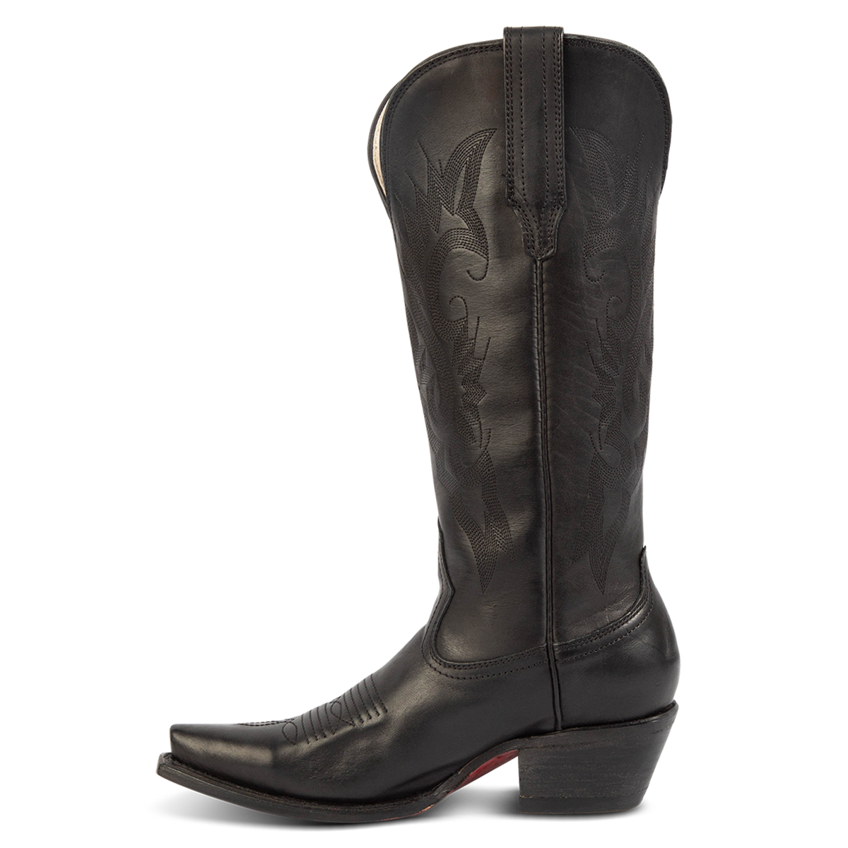 Side view showing leather pull straps and western stitch detailing on FREEBIRD women's Woodland black leather boot