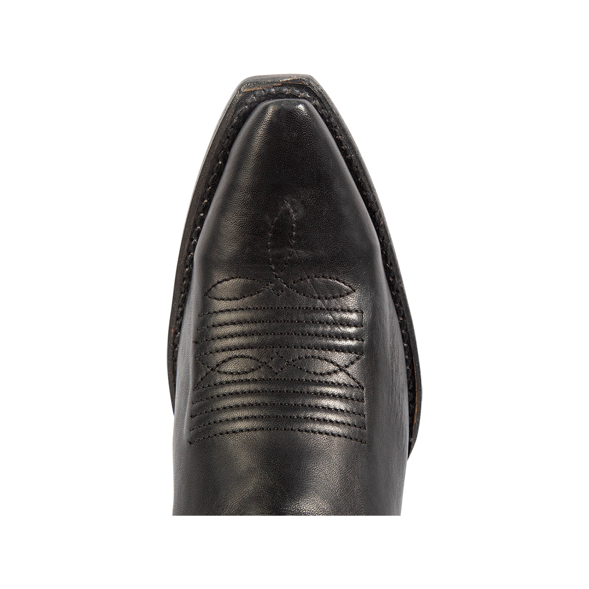 Top view showing snip toe construction with stitch detailing on FREEBIRD women's Woodland black leather boot