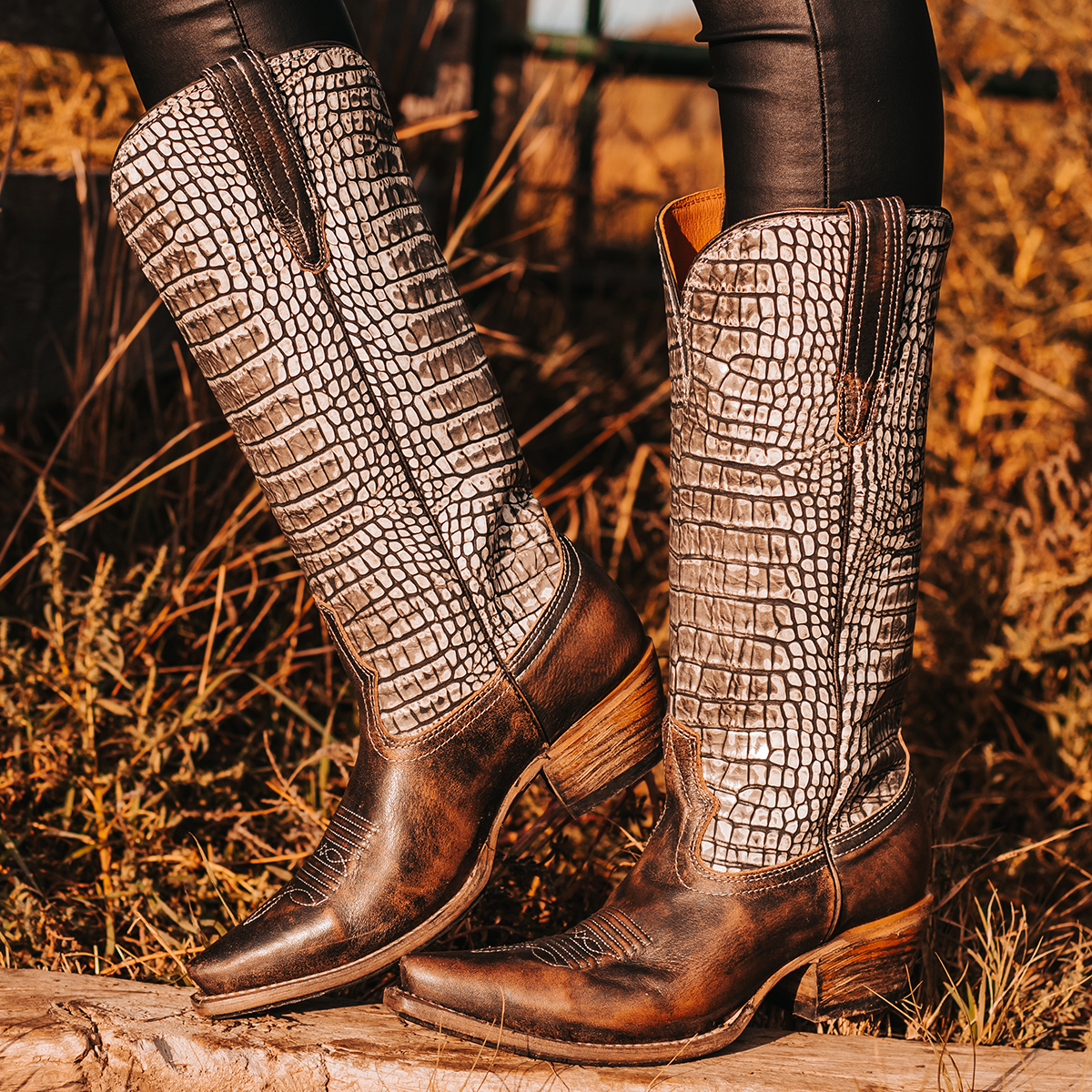 FREEBIRD women's Woodland black multi croco leather cowboy boot with stitch detailing and snip toe construction