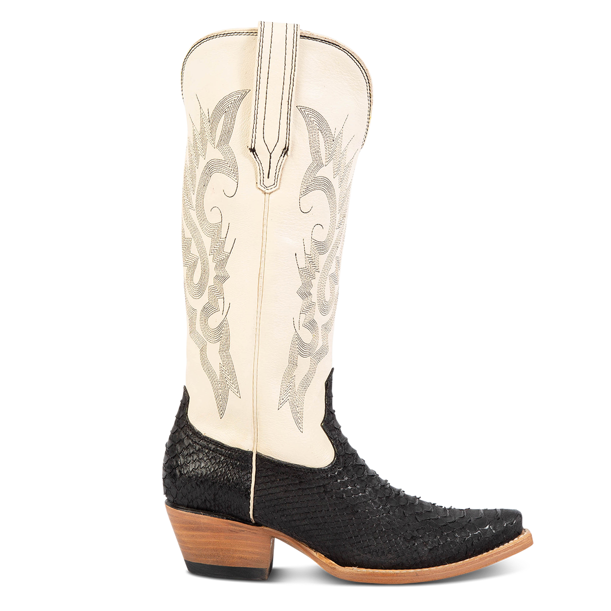 FREEBIRD women's Woodland black python multi leather cowboy boot with stitch detailing and snip toe construction
