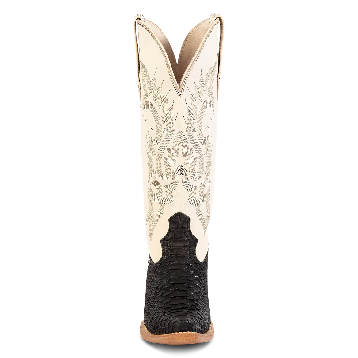 Front view showing western stitch detailing and front dip on FREEBIRD women's Woodland black python multi leather boot