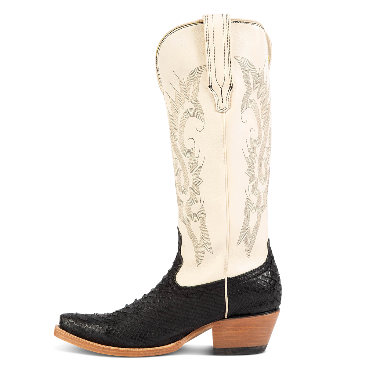 Side view showing leather pull straps and western stitch detailing on FREEBIRD women's Woodland black python multi leather boot
